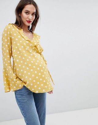 ASOS Maternity + Glamorous Bloom Wrap Blouse With Bell Sleeve in Polka Dot