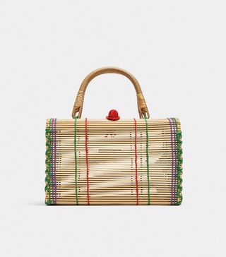Zara + Straw Bag With Multicolored Topstitching