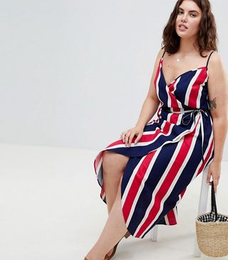 ASOS Curve + Linen Wrap Side Maxi Dress in Bold Stripe