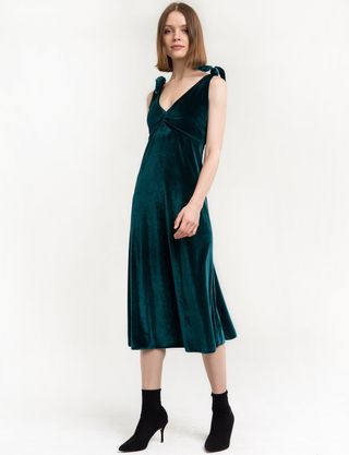 Pixie Market + Emerald Velvet Shoulder Tie Dress