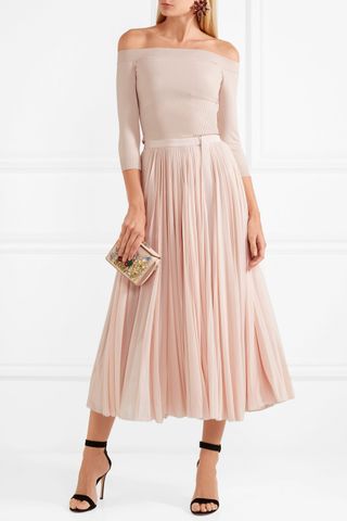 Alexander McQueen + Off-the-Shoulder Ribbed Jersey and Plissé-Chiffon Midi Dress