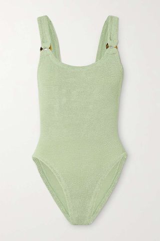 Hunza G + + Net Sustain Domino Embellished Seersucker Swimsuit