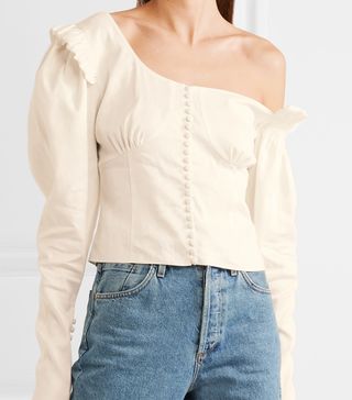 Magda Butrym + Vannes Off-the-Shoulder Ruffle-Trimmed Linen-Blend Top