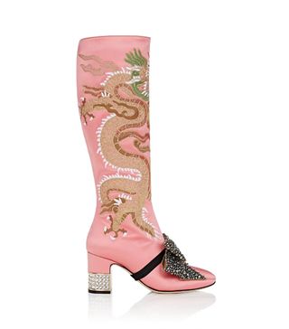 Gucci + Candy Embroidered Satin Knee Boots