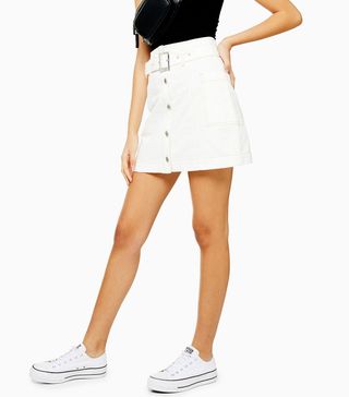 Topshop + White Button Down Belted Denim Skirt