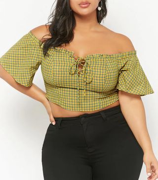 Forever 21 + Plaid Lace-Up Off-the-Shoulder Crop Top