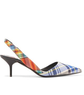 Burberry + Leather-Trimmed Checked Twill Slingback Pumps