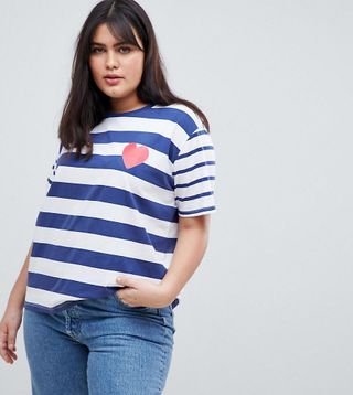 ASOS Curve + T-Shirt in Mix and Match Stripe With Heart Print