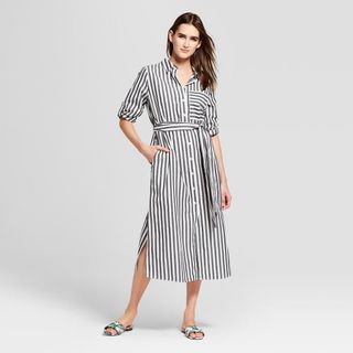Who What Wear + Striped Long Sleeve Midi Shirt Dress