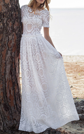 Costarellos + Short Sleeve Cotton Lace Gown
