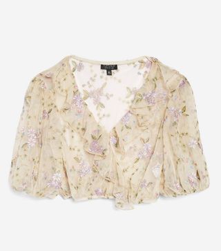 Topshop + Embroidered Mesh Crop Ruffle Top