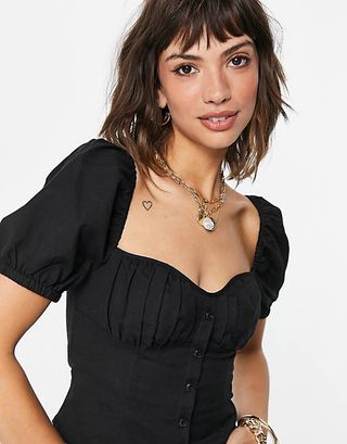 & Other Stories + Linen Square Neck Puff Sleeve Top in Black