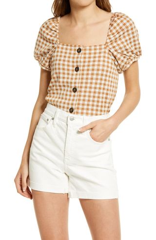 Madewell + Gingham Jacquard Square Neck Puff Sleeve Top