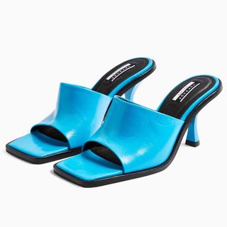 Topshop + Blue Leather Square Toe Mules
