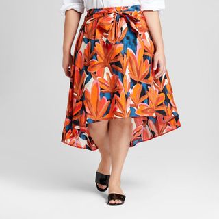 Who What Wear + Palm Print Tie Front Midi Skirt