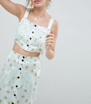 ASOS + Satin Crop Top With Fringe Detail in Ditsy Print