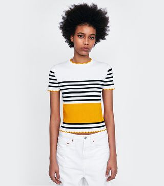 Zara + Striped Sweater With Scalloped Trims