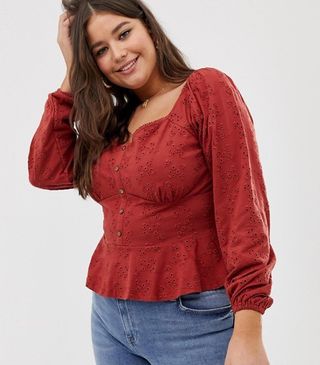 ASOS Design + Top in Broderie with Button Front and Peplum