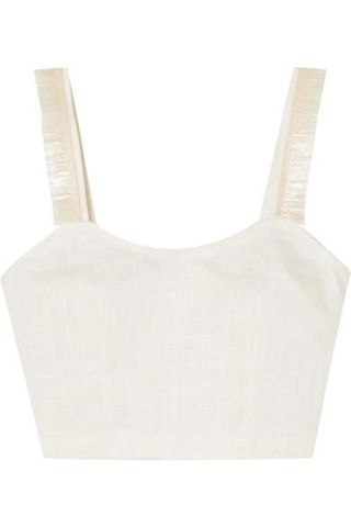 Staud + Coco Cropped Raffia-Trimmed Linen-Blend Top