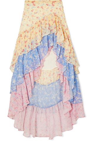 LoveShackFancy + Lisette Asymmetric Ruffled Floral-Print Silk-Georgette Skirt
