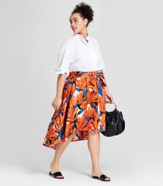 Who What Wear + Tropical Print Tie Front Midi Skirt