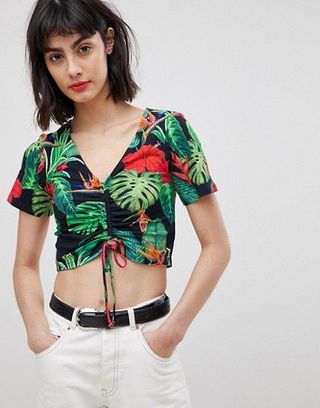 ASOS Design + Ruched Front Top in Tropical Print