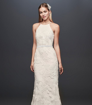 DB Studio + Sequin Leaf-Appliqued High Neck Sheath Gown