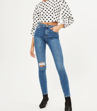 Topshop + Moto Mid-Blue Ripped Jamie Jeans