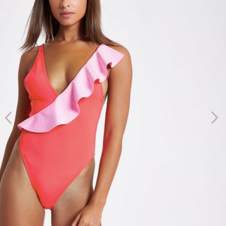 River Island + Red Asymmetric Contrast Frill Swimsuit