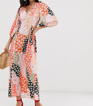 ASOS Design + Trapeze Maxi Dress With Puff Sleeve in Mixed Daisy Print