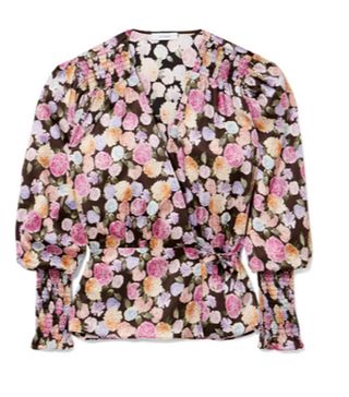Art Dealer + Smocked Floral-Print Satin Wrap Top