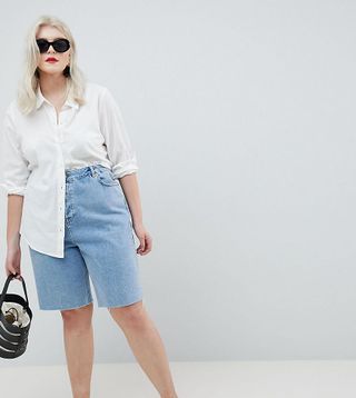 ASOS Curve + Denim High Rise Longline Short in Midwash Blue