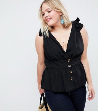 ASOS Curve + Button Front Sun Top With Tie Shoulder Detail in Black