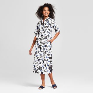 Who What Wear + Floral Print Long Sleeve Midi Shirt Dress