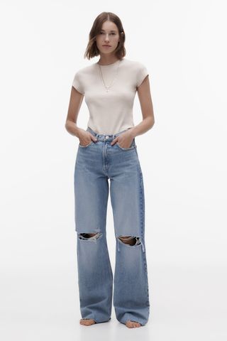 Zara + TRF High-Rise Wide-Leg Ripped Jeans