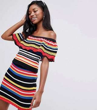 ASOS Design + Crochet Stripe Bardot Top and Skirt Two-Piece