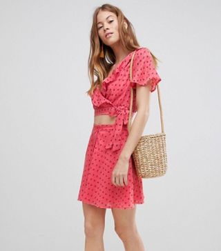 Glamorous + Crop Top With Frill Collar and Tie Side and Mini Skirt in Ditsy Rose Two-Piece