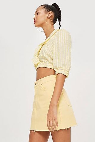 Topshop + Yellow High Waisted Denim Skirt