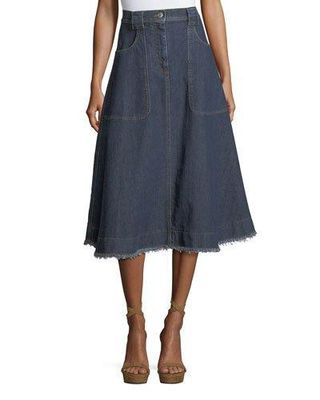 AlexaChung + High-Waist A-Line Midi Denim Skirt