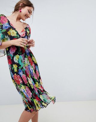 ASOS Design + Flutter Sleeve Midi Dress With Pleat Skirt in Floral Print