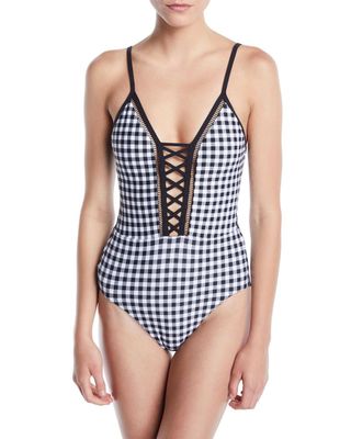 Seafolly + La Belle Check Lace-Up One-Piece Swimsuit