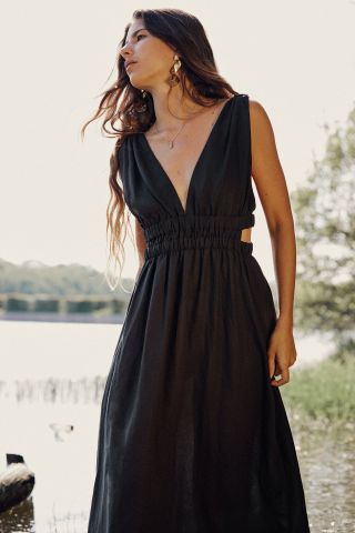 Zara + Cut-Out Linen-Blend Midi Dress