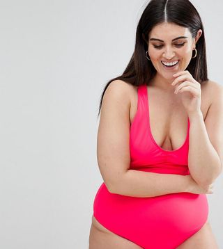 ASOS Curve + Ruched Front Racer Back Swimsuit in Watermelon Red