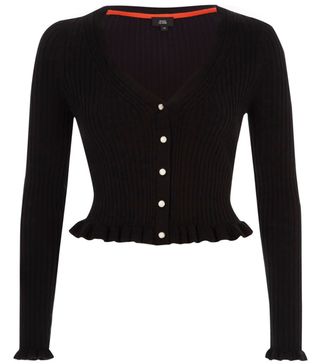 River Island + Black Rib Knit Frill Hem Cropped Cardigan