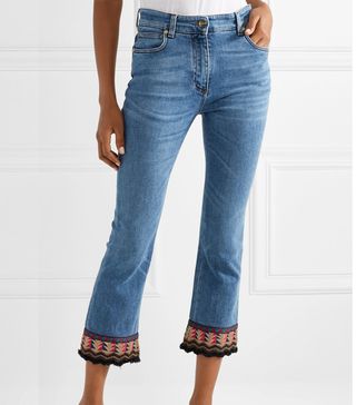 Etro + Cropped Embroidered High-Rise Flared Jeans