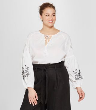 Who What Wear + Striped Long Sleeve Embroidered Blouse