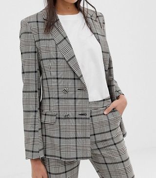 ASOS Design + Double Breasted Suit Blazer in Check With Burgundy