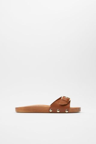Zara + Flat Leather Sandals With Wood Sole