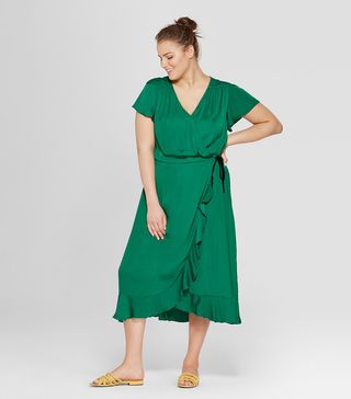 Who What Wear + Short Flutter Sleeve Wrap Midi Dress