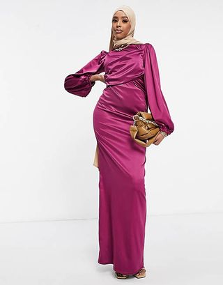 ASOS Design + Stretch Satin Long Sleeve Tuck Maxi Dress